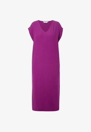 Paarse jurk met een V-hals, korte mouwen en een losse pasvorm. Gemaakt van lichtgewicht, gestructureerde stof, valt tot op de knie.