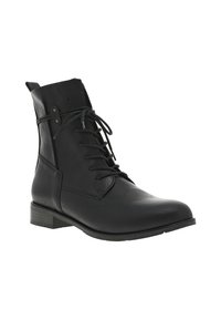 Bottine en cuir noir avec un laçage sur le devant, bout arrondi, texture subtile et un petit talon empilé. Présente des œillets métalliques et des accents.