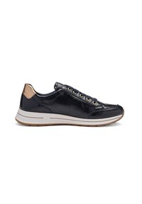 Black leather low-top sneaker with white sole, brown outsole, metallic bronze heel tab, and matching black laces with gold eyelets.