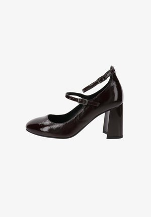 Escarpin en cuir verni bourgogne avec un bout rond, des brides au niveau de la cheville et un large talon bloc. Texture lisse avec une finition brillante.