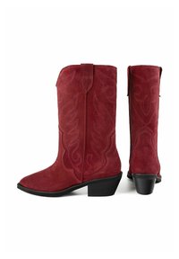 Botas de vaquero de ante rojo con patrones florales bordados, puntera puntiaguda y tacón bajo. Asa trasera para facilitar el uso.
