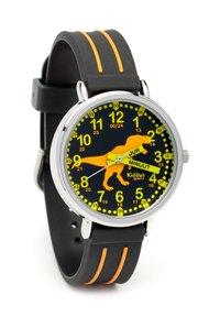 Montre pour enfant avec un bracelet en silicone noir comportant des rayures orange. Cadran rond avec un motif de dinosaure, index jaunes et mouvement à quartz.