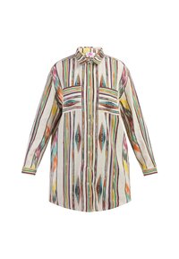 Camicia a maniche lunghe a motivo multicolore con due tasche sul petto, chiusura con bottoni e dettagli a strisce in rosso, verde, blu e giallo su uno sfondo chiaro.