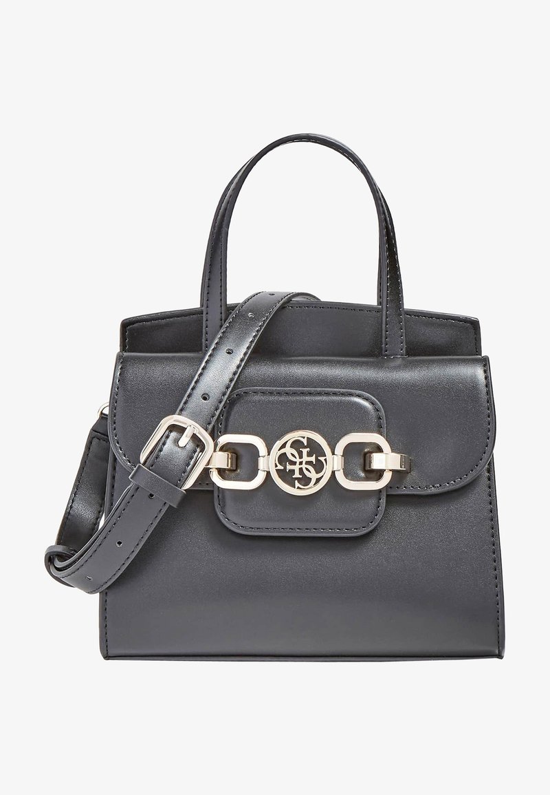Sac à main en cuir noir avec poignées supérieures, bandoulière ajustable et fermoir décoratif doré sur le rabat avant.