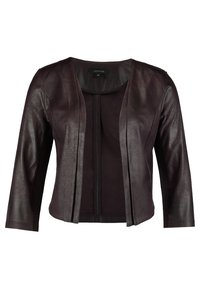 Veste en cuir marron avec un col rond, une conception à devant ouvert, des manches trois-quarts et une texture lisse. Présente un style minimaliste.