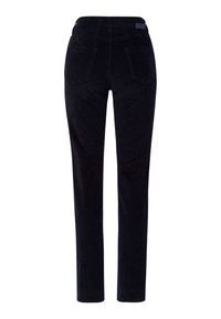 Zwarte corduroy broek met een rechte pijpdesign, voorzien van twee achterzakken en een gladde tailleband. De structuur is geribbeld.