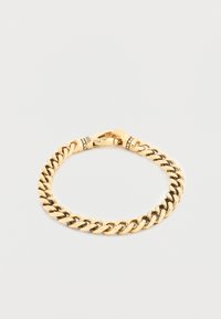 Βραχιόλι με αλυσίδα από χρυσό με συνδεδεμένους κρίκους, διαθέτει κούμπωμα και υφασμένους λεπτομερείς στο μεταλλικό μέρος. Ομαλή, λαμπερή επιφάνεια.