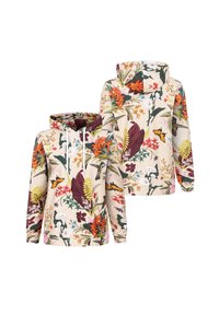 Bluza z kapturem z kwiatowym wzorem w różnych kolorach, głównie beżowym, czerwonym, zielonym i żółtym, o miękkiej fakturze.