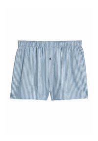 Lyseblå boxer shorts med lodrette hvide striber, elastisk talje, og en enkelt knapdetalje foran. Fremstillet i bomuldsstof.