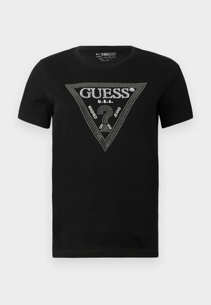 Czarna bawełniana koszulka z krótkim rękawem z aplikacją w postaci diamentowego trójkąta oraz napisy "GUESS" i "U.S.A.", okrągły dekolt.