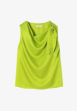 Zelená saténová bezrukávová blúzka s drapovaným predným dielom a bočným mašľovým detailom. Hladká textúra s uvoľneným strihom. Štítok viditeľný na krku.