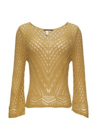 Sweter dzianinowy w złotym odcieniu żółci z dekoltem w serek, długimi rękawami oraz skomplikowanym wzorem ażurowym w kształcie chevronu i falbaniastym wykończeniem dołu.