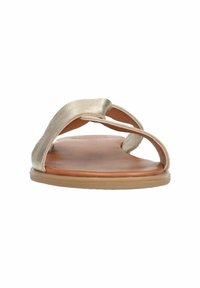Metallic gold slide sandal featuring two crisscross straps, a smooth leather footbed, and a flat rubber sole for comfort.