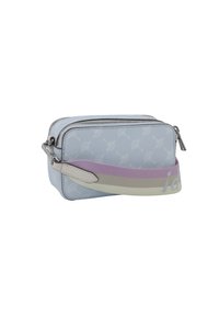 Borsa zip in blu chiaro con tracolla in tessuto nei colori viola, crema e grigio; presenta un motivo sottile e una superficie testurizzata. Accenti in hardware argentato.