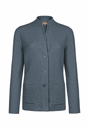 Heren jas in textuur in de kleur blauw met een mandarin kraag, drie knopen en twee voorste opgestikte zakken, weergegeven op een witte achtergrond.