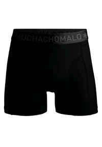 Juodi boxer šortai, pagaminti iš minkštos medžiagos, su plačiu elastingu liemeniu, ant kurio juodu šriftu užrašyta prekės ženklas "MUCHACHOMALO".