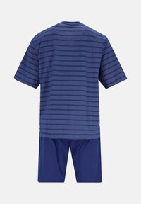Navyblauwe gestreepte T-shirt met korte mouwen, gecombineerd met bijpassende navyblauwe shorts. Zachte stof met een gladde textuur.