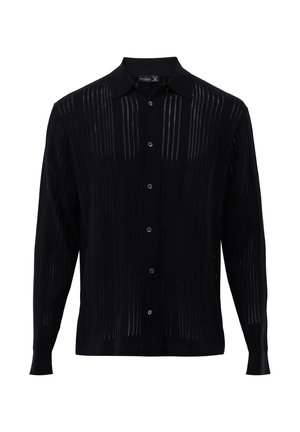 Schwarzes langärmliges Hemd mit Knopfleiste, feinen vertikalen transparenten Streifen und klassischem Kragen, auf weißem Hintergrund präsentiert.