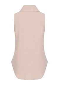 Blouse sans manches beige clair avec un large col et un ourlet incurvé, présentée sur fond blanc.