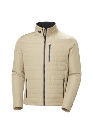 Beige doorgestikte jas met zwarte ritssluiting, borst- en zijzakken, hoge kraag en "HH"-logo op de kraag.