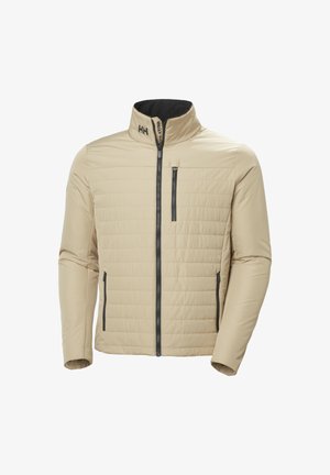 Chaqueta beige acolchada con cremallera negra, bolsillos en el pecho y los laterales, cuello alto y logo "HH" en el cuello.