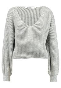 Grå stickad tröja med djup V-ringning, långa puffärmar och ribbad struktur. Kort modell med en mjuk och mysig känsla.