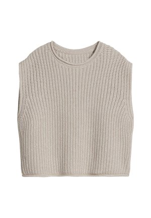 Pull sans manches cropped en maille beige avec encolure ronde et motif en relief, posé à plat sur fond blanc.