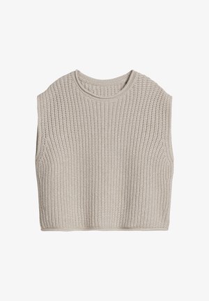 Beżowy dziergany, bezrękawnik, krótki sweter z okrągłym dekoltem i teksturowanym wzorem ściegu, rozłożony na płasko na białym tle.