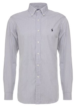 Button-down shirt featuring vertical blue and white stripes, long sleeves, and a small embroidered logo on the left chest.