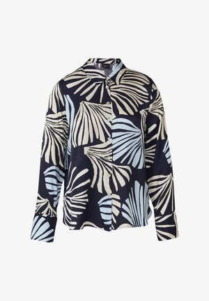 Camicia a maniche lunghe con bottoni, sfondo blu navy e grandi motivi astratti di foglie color crema e azzurro chiaro.