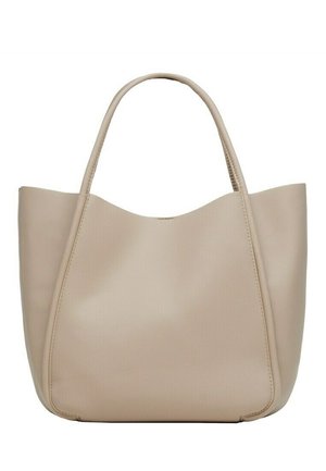 Beige leren shopper met twee handvatten, een gladde textuur en een licht gebogen bovenrand.
