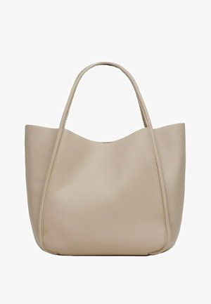 Sac fourre-tout en cuir beige avec deux poignées, texture lisse et bord supérieur légèrement incurvé.