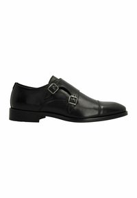 Zwarte leren schoenen met een gladde textuur, voorzien van twee zilveren gespen en een ronde neus. Lage, platte hak. Eenvoudig en elegant ontwerp.