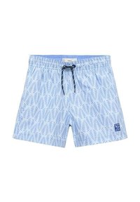 Svetle modré plavkové šortky se vzorem listů, elastickým pasem se stahovací šňůrkou a božním logem. Vyrobeno z lehkého materiálu.