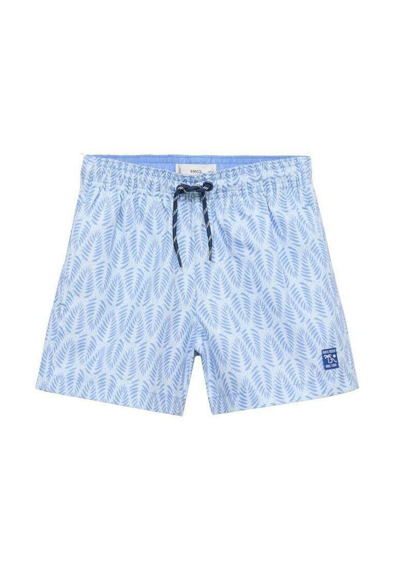 Svetle modré plavkové šortky se vzorem listů, elastickým pasem se stahovací šňůrkou a božním logem. Vyrobeno z lehkého materiálu.