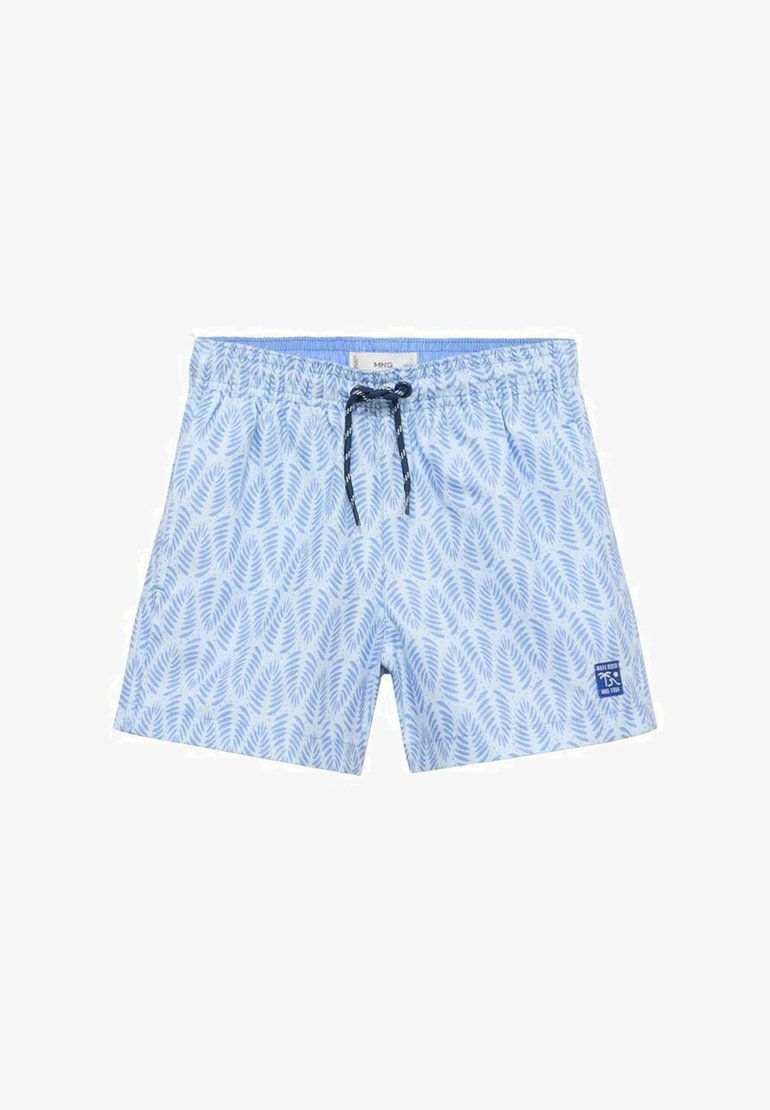 Svetle modré plavkové šortky se vzorem listů, elastickým pasem se stahovací šňůrkou a božním logem. Vyrobeno z lehkého materiálu.