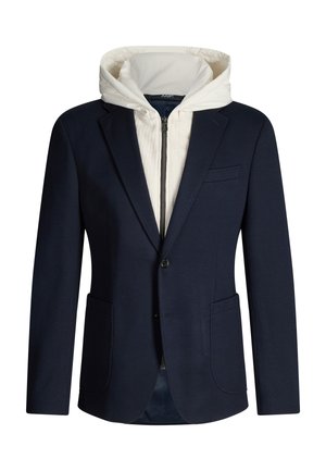 Granatowa marynarka na białym kapturze na suwak z wysokim kołnierzem i kapturem, przednimi kieszeniami oraz zapięciem na guziki na marynarce.