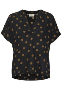 Blouse noire à pois dorés, manches courtes et décolleté en V. Tissu léger avec une coupe décontractée et un ourlet arrondi.