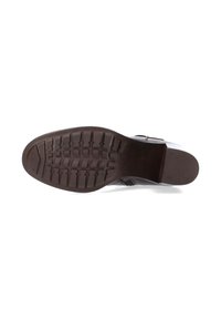 Suola in gomma marrone con motivo di grip testurizzato. Presenta un leggero tacco e contorni uniformi, adatta a vari stili di scarpe.