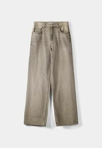 Jeans de denim de cintura alta en gris claro, con corte de pierna ancha, que presentan dos bolsillos frontales y un sutil efecto de desgaste en la tela.