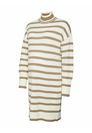 Langærmet sweater med høj hals, med skiftende beige og flødefarvede vandrette striber samt ribbede detaljer ved kraven og ærmerne.