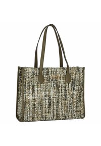 Bolsa de tela texturizada en tonos marrón, blanco y verde. Cuenta con dos asas resistentes y un sutil detalle de logotipo en la parte frontal. Forma rectangular.