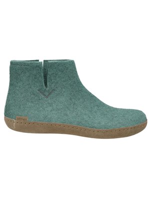 Green felt ankle slipper with brown sole and small side slit for easy wear, showing side view facing right.
