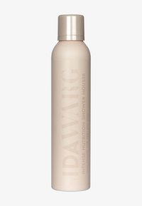 Beige aerosolbeholder med rund form. Etiketten sier "IDAWARG Intense Nutrition Shower Mousse" i lys brun, 200 ml, vegansk.