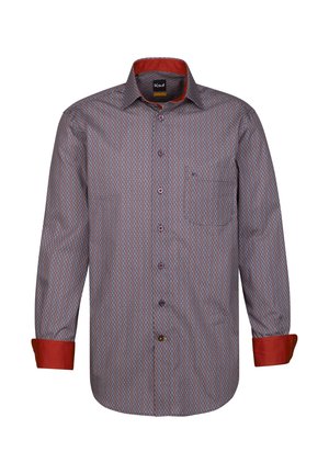 Langarmshirt mit mehrfarbigem geometrischem Muster; blauer Grund mit roten Akzenten an den Manschetten und dem Kragen; durchgehende Knopfleiste; strukturierter Stoff.
