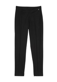 Leggings neri realizzati in un tessuto liscio ed elastico. Presentano una vita alta, una vestibilità slim e un piccolo logo vicino alla parte superiore.