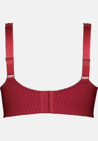 Rood gestreepte bralette met een gladde stofafwerking, verstelbare bandjes en een haak-en-oogsluiting aan de achterkant. Textuurafwerking aan de randen.