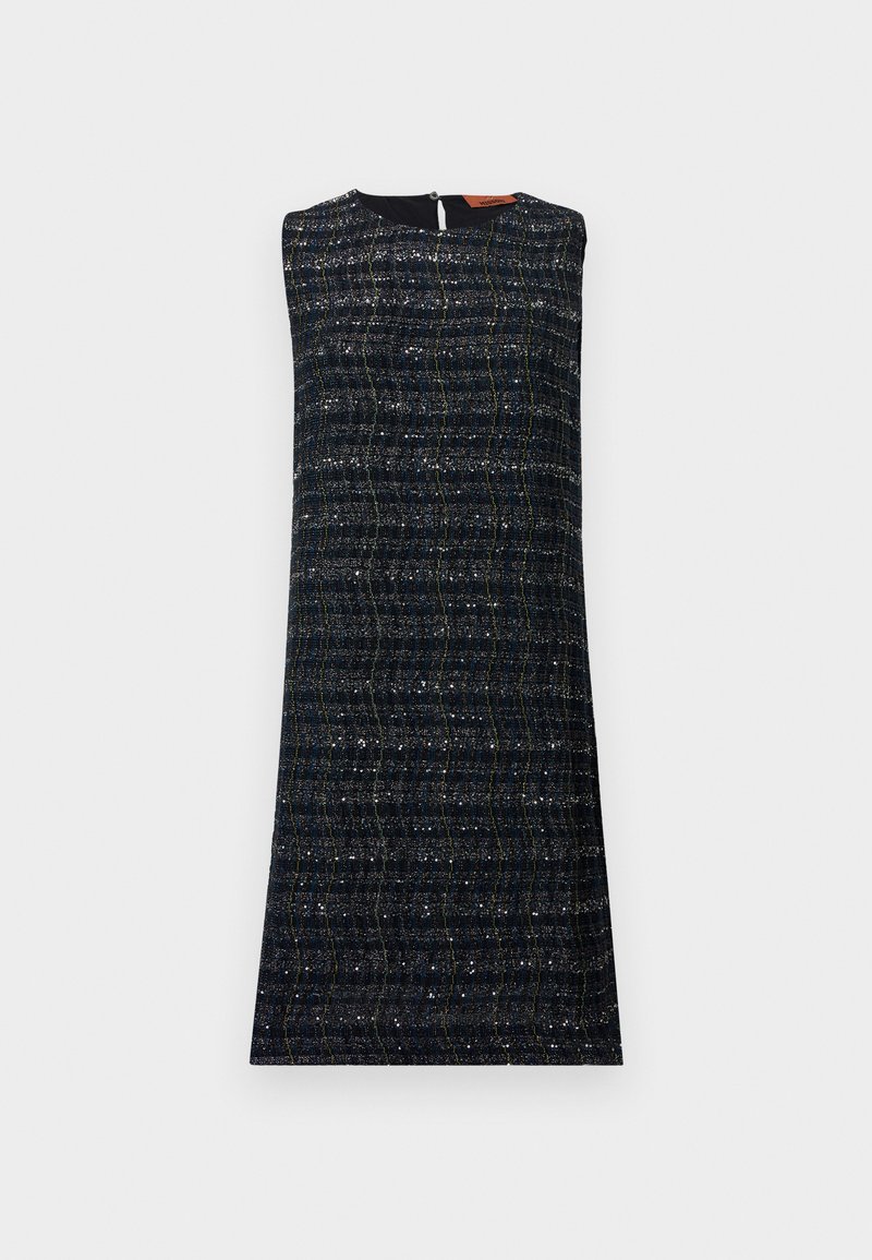 Ärmelloses dunkelblaues Kleid aus strukturiertem Stoff mit einem Karomuster. Es verfügt über metallische Fadenakzente und einen Reißverschluss auf der Rückseite.