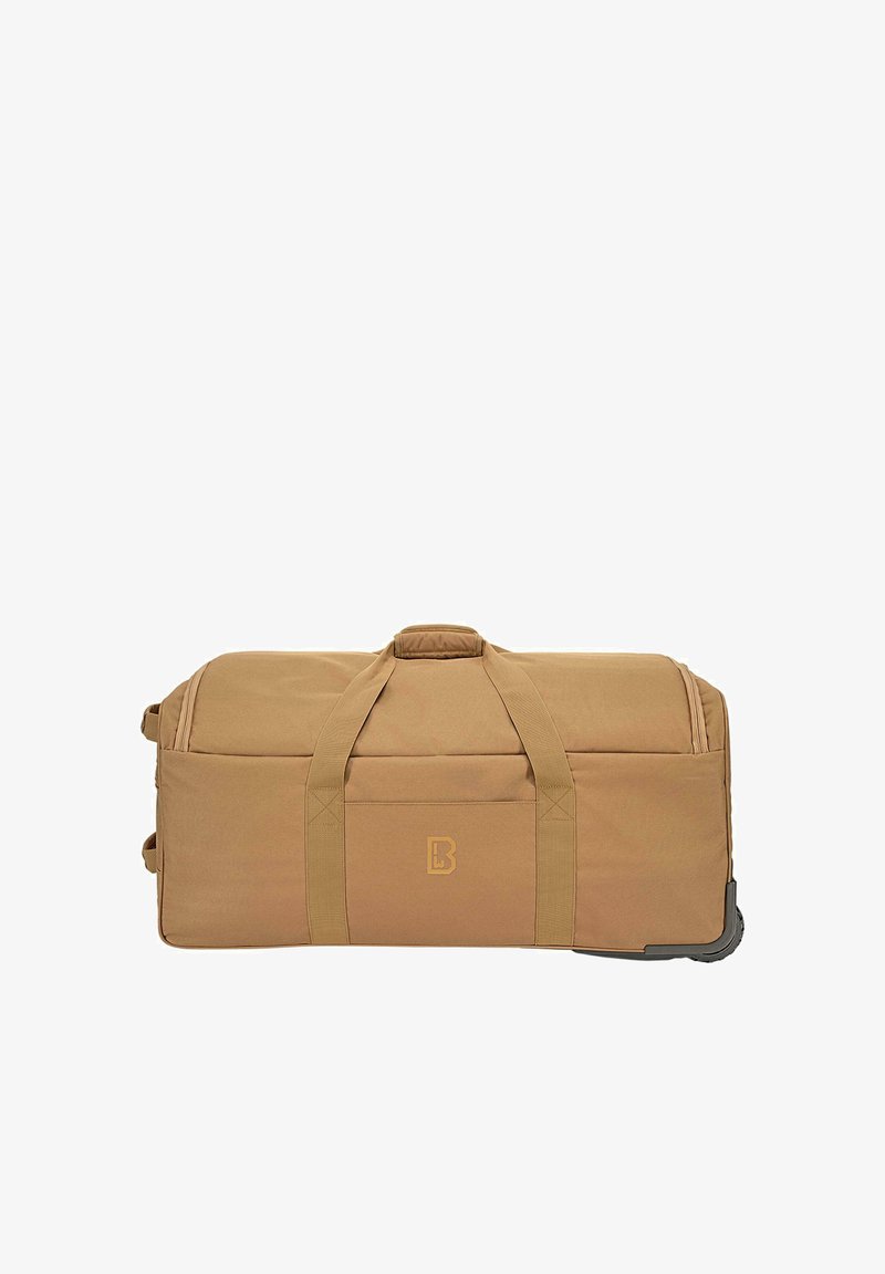 Duffle taška z béžovej látky s dvomi hornými uchami, bočnou kapsou, logom na prednej strane a s kolieskovým podvozkom pre jednoduchú prepravu.