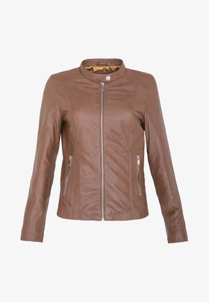 Braune Lederjacke mit Stehkragen, vornem Reißverschluss, zwei seitlichen Reißverschlüssen und glatter Textur. Das Innenfutter ist goldfarben.